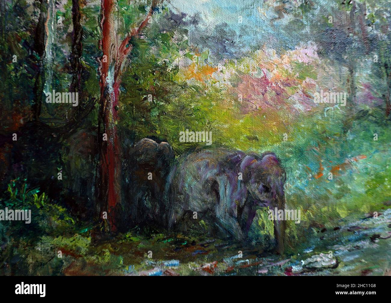 Pittura d'arte olio colore Elephant famiglia thailandia , natura , campagna , rurale Foto Stock