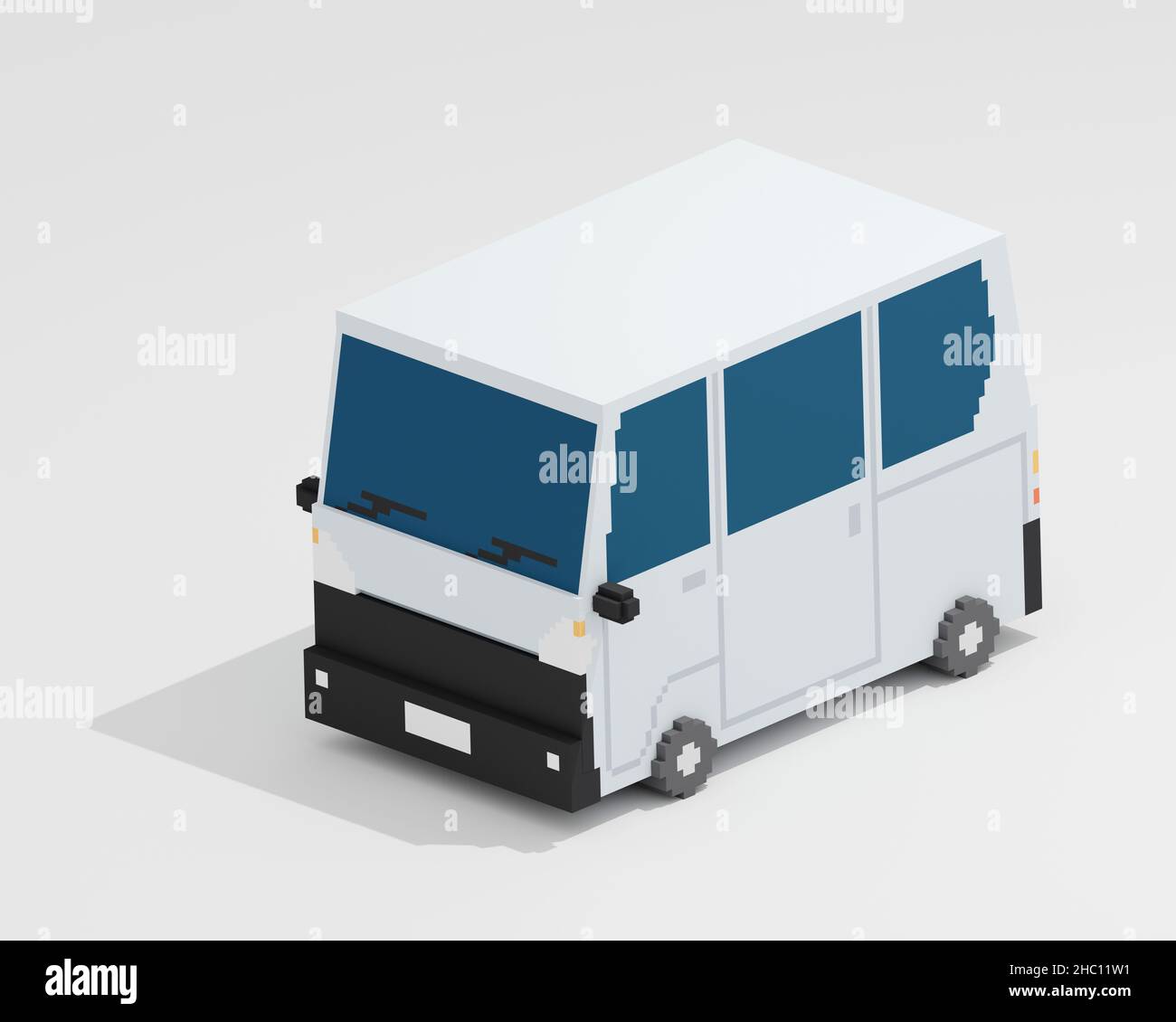Mini van, un'arte digitale del trasporto asiatico bianco piccolo van auto isometric voxel raster 3D rappresentazione su sfondo bianco. Foto Stock