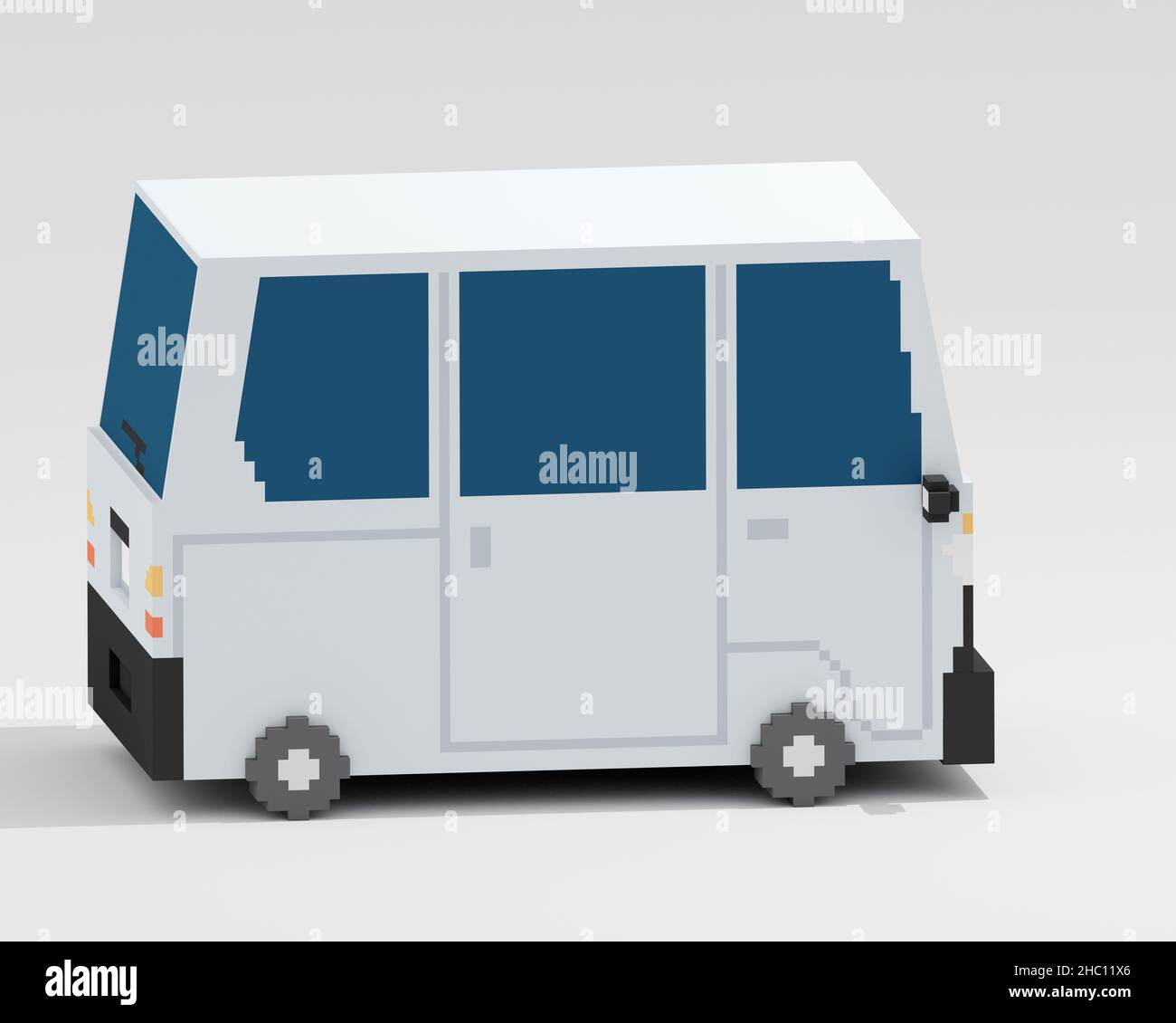 Mini van, un'arte digitale del trasporto asiatico bianco piccolo van auto isometric voxel raster 3D rappresentazione su sfondo bianco. Foto Stock