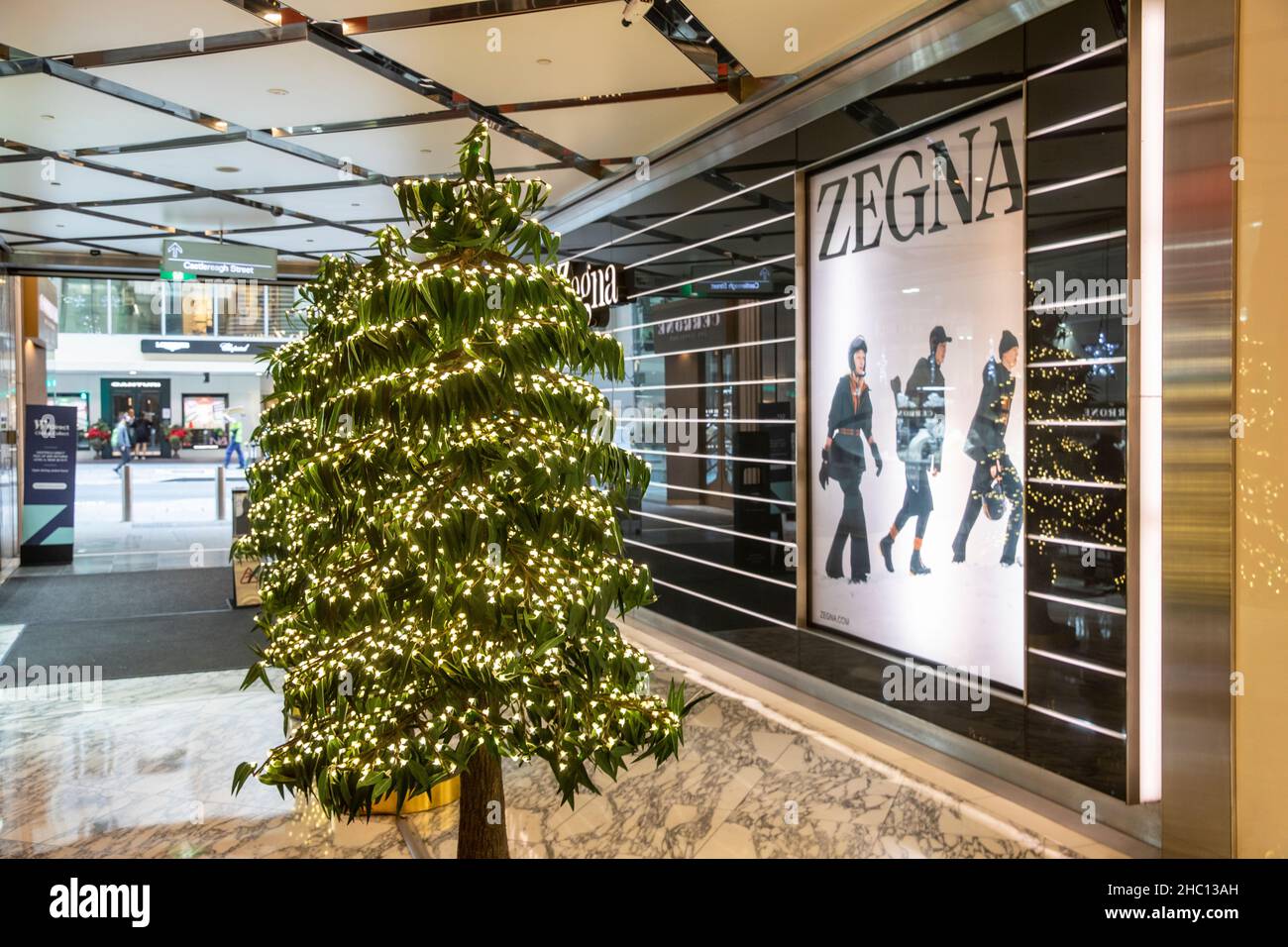 Ermenegildo Zegna italiano negozio di moda a Castlereagh Street Sydney con ornamentali albero di Natale, Sydney, NSW, Australia Foto Stock