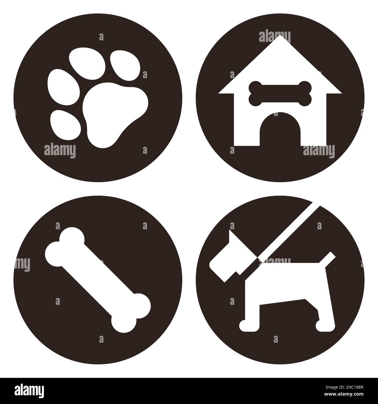 Paw stampa, casa del cane, osso e cane su un guinzaglio. Icona Animali domestici isolato su sfondo bianco Foto Stock