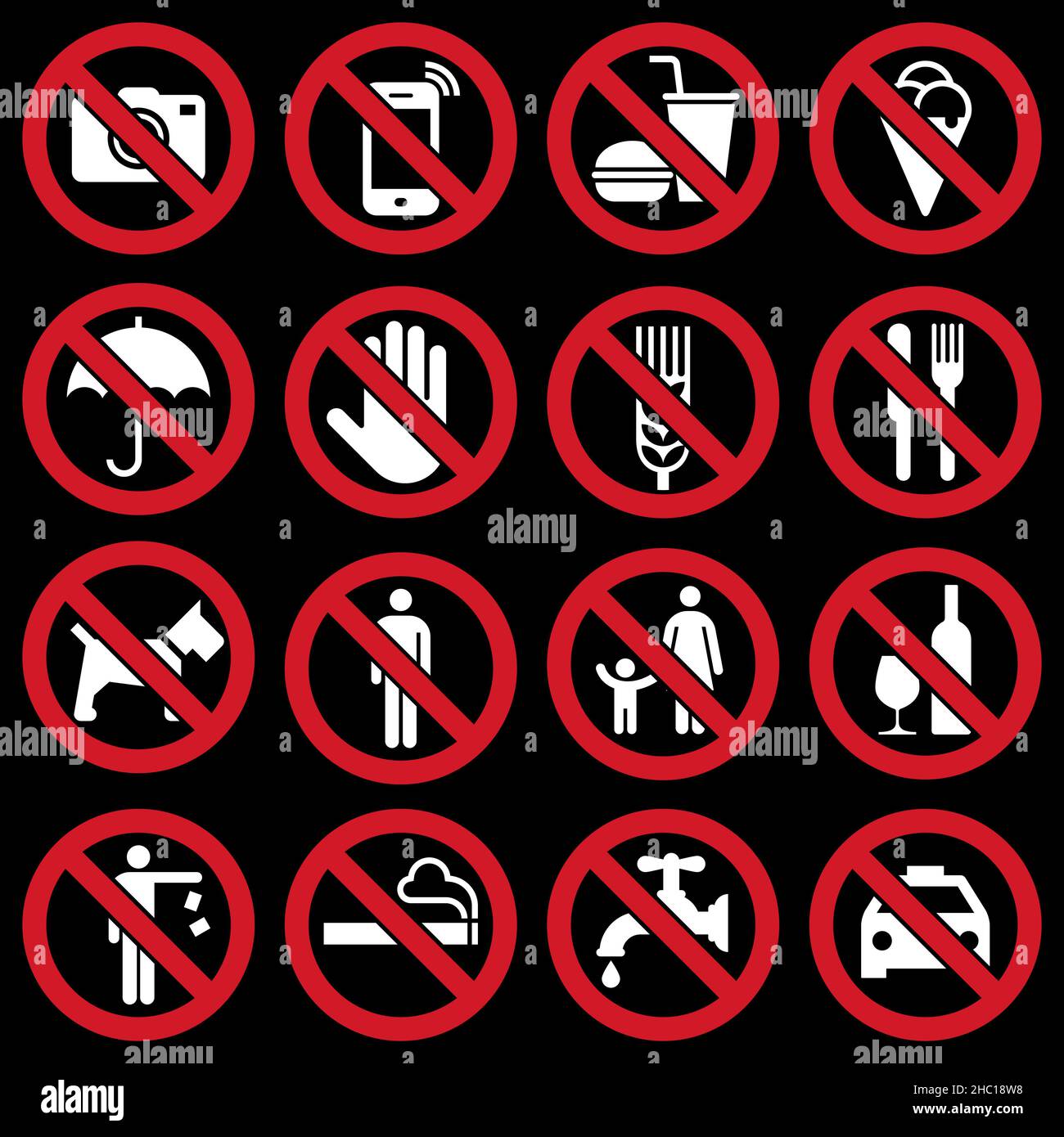 Segnali di divieto su sfondo nero Foto Stock