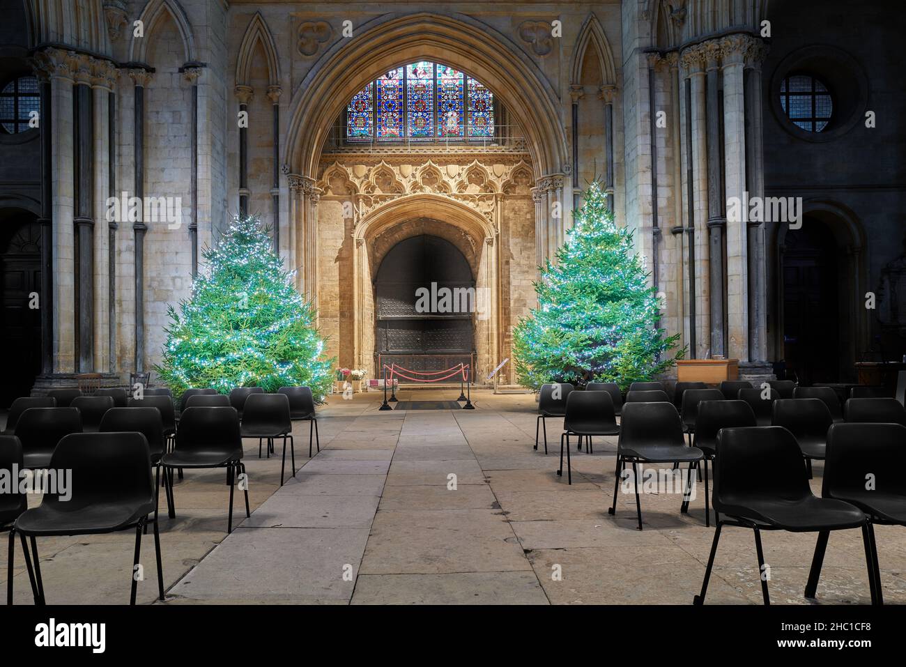 Coppia di scintillanti alberi di natale all'estremità ovest della navata nella cattedrale di Lincoln, Inghilterra, dicembre 2021. Foto Stock