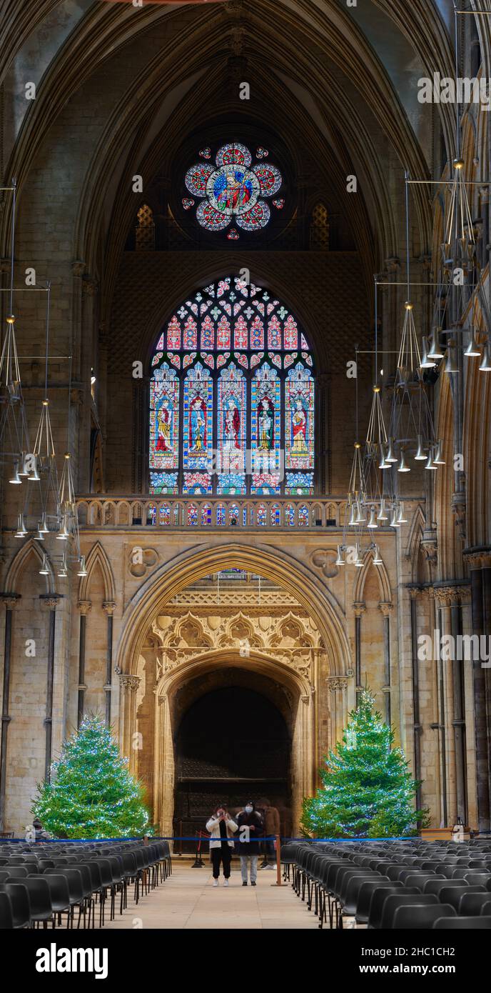 Coppia di scintillanti alberi di natale all'estremità ovest della navata nella cattedrale di Lincoln, Inghilterra, dicembre 2021. Foto Stock