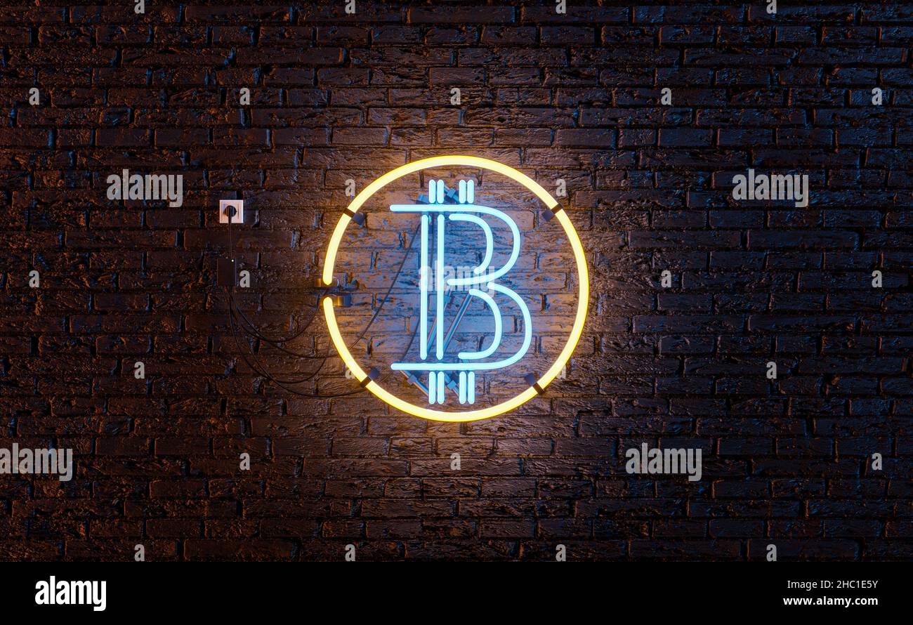 lampada al neon con simbolo bitcoin su una parete di mattoni scuri. 3d rendering Foto Stock