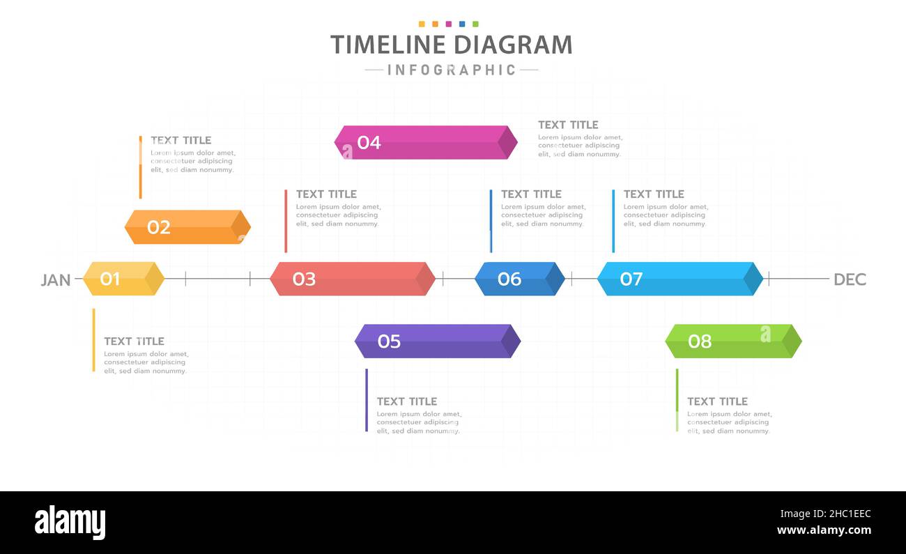 Modello infografico per le aziende. Calendario con diagramma Timeline moderno da 12 mesi con 3D caselle. Illustrazione Vettoriale