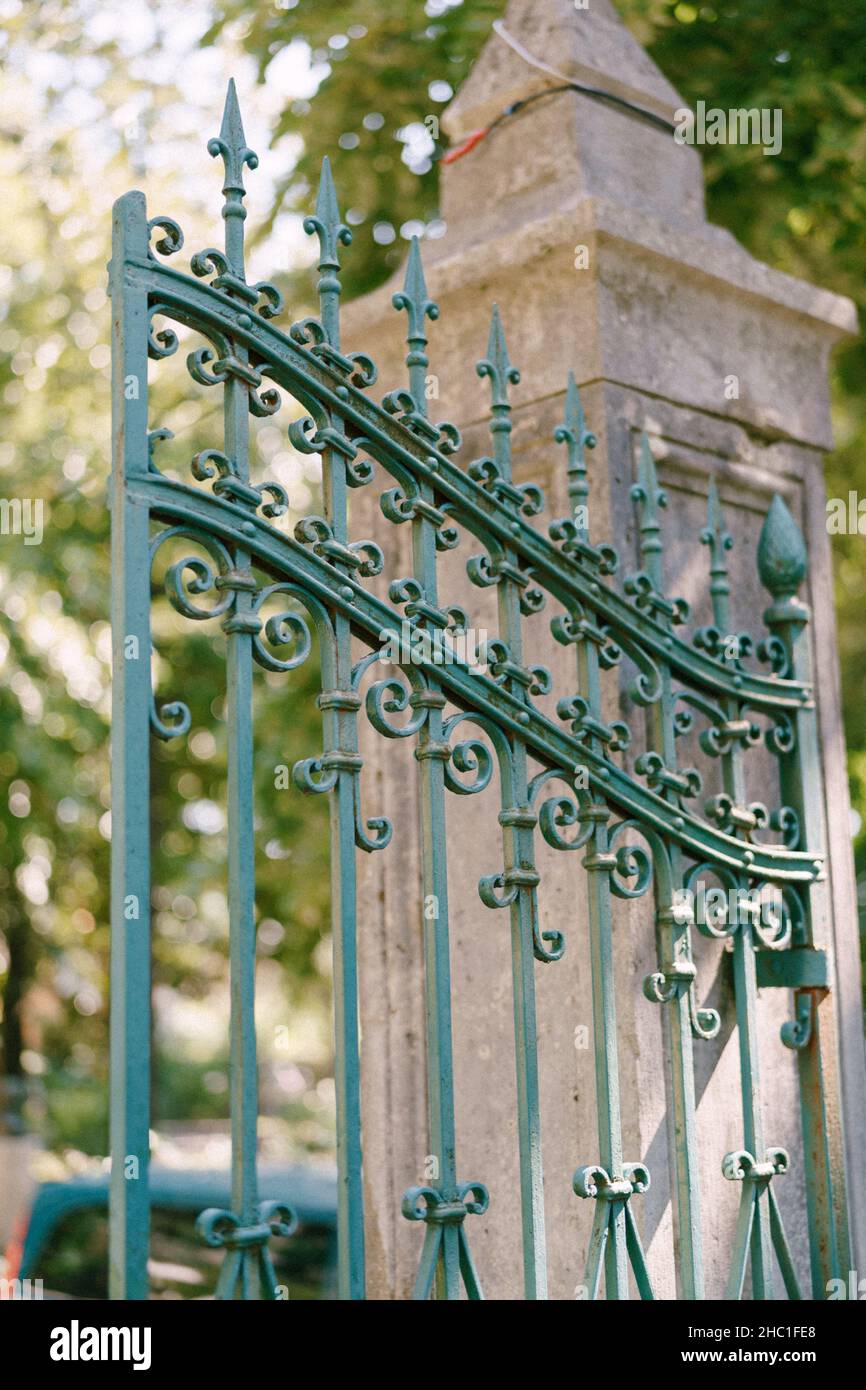 Cancello verde in ferro battuto in metallo nel giardino Foto Stock