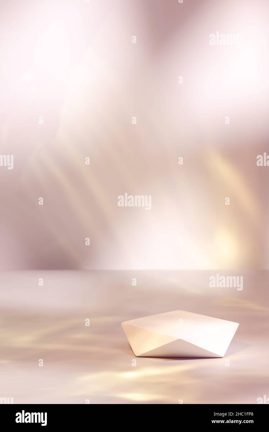 podio poligonale bianco su sfondo neon rosa pastello Foto Stock