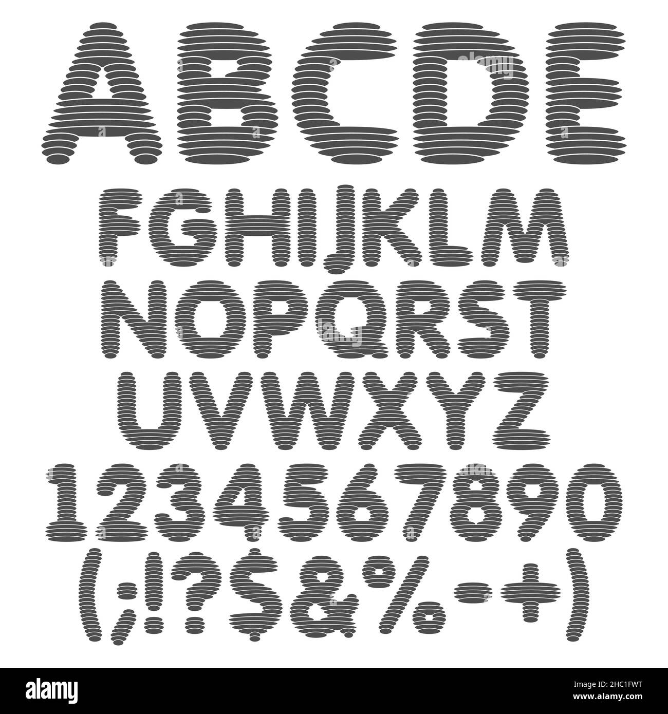 Alfabeto bianco e nero, lettere, numeri e segni da strati rotondi. Insieme di oggetti isolati vettoriali su sfondo bianco. Illustrazione Vettoriale