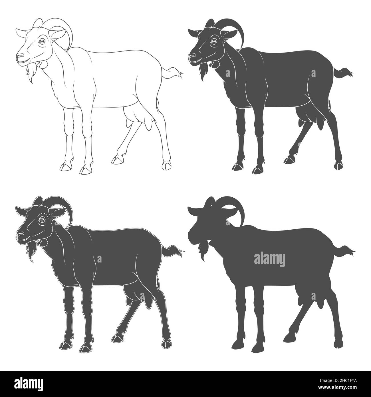 Set di illustrazioni in bianco e nero raffiguranti una capra. Oggetti vettoriali isolati su sfondo bianco. Illustrazione Vettoriale