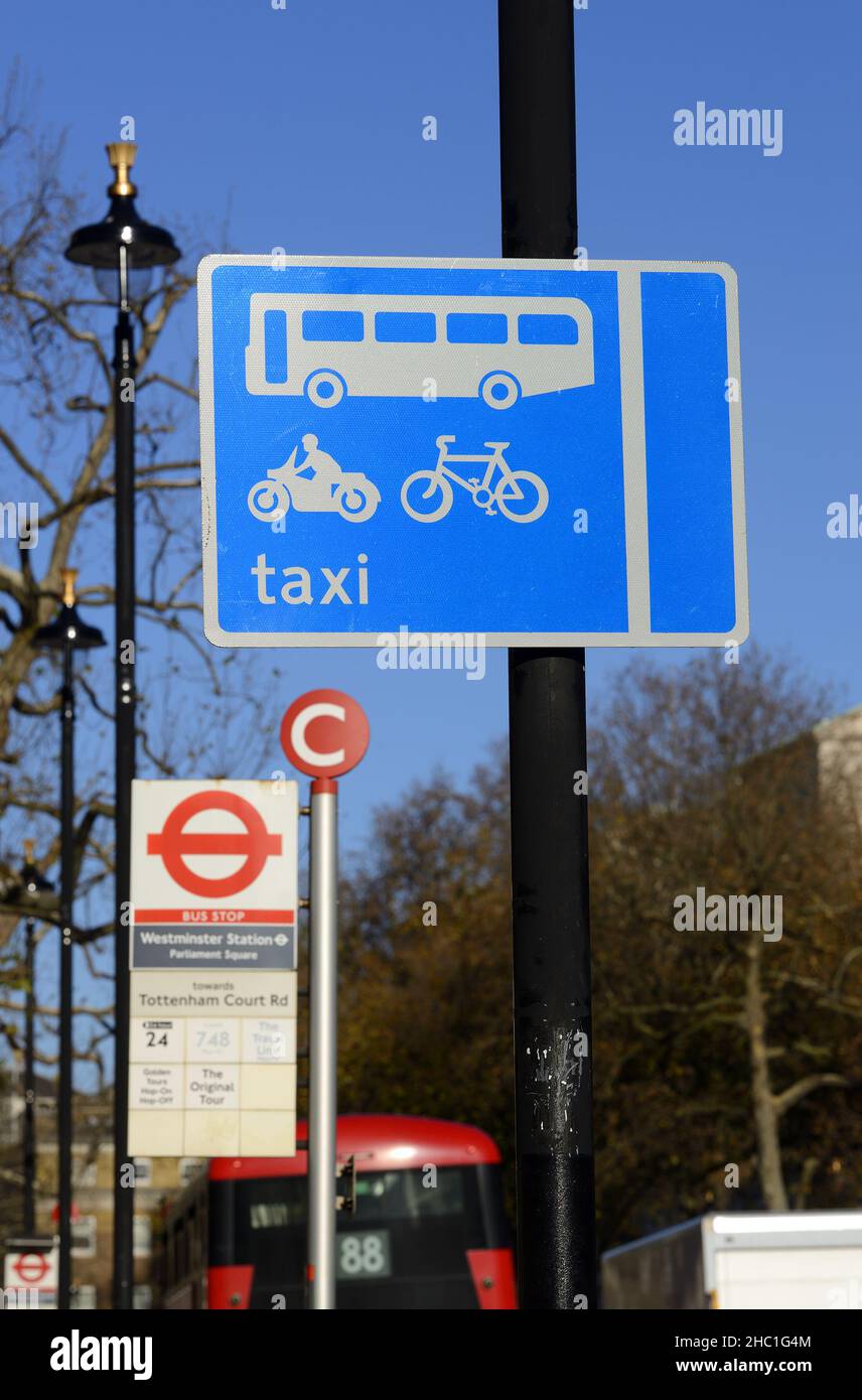 Londra, Inghilterra, Regno Unito. Autobus segregato / taxi / pista ciclabile da una fermata di autobus a Whitehall Foto Stock
