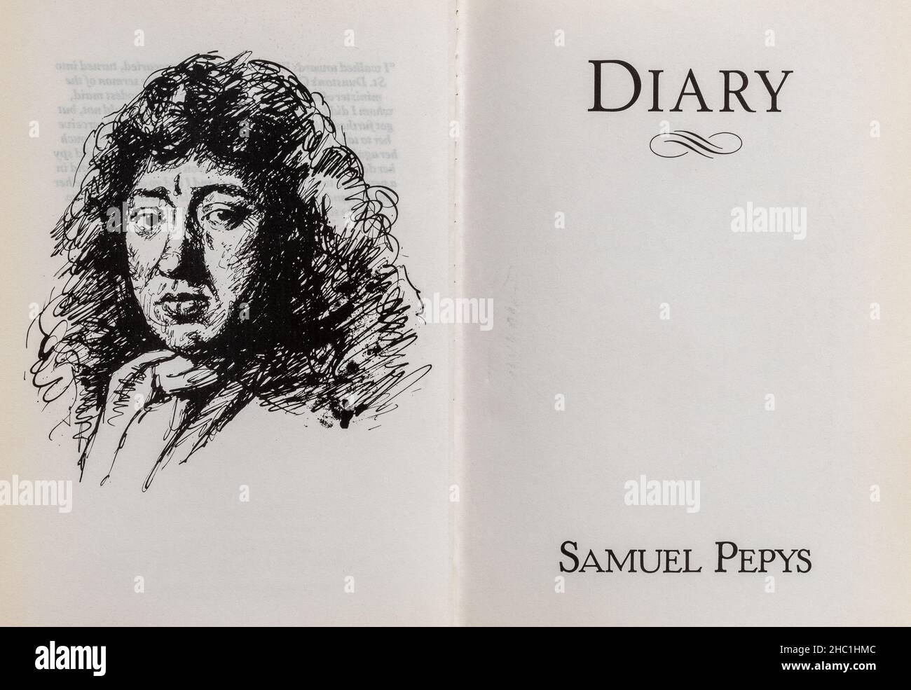 Diario di Samuel Pepys, libro classico. Pagina del titolo e disegno dell'autore o del diarista. Foto Stock