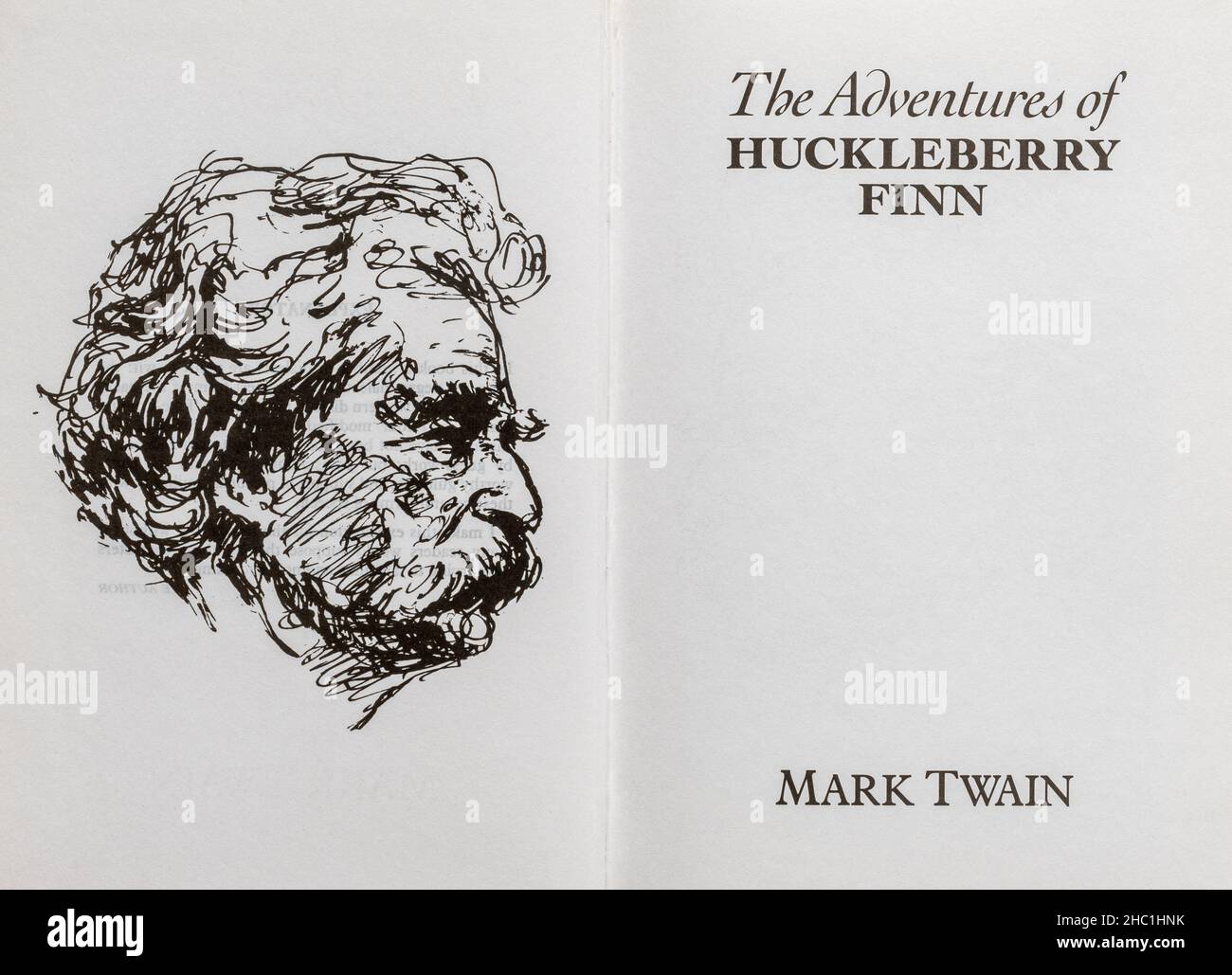 The Adventures of Huckleberry Finn libro - romanzo classico di Mark Twain. Pagina del titolo e disegno dell'autore. Foto Stock
