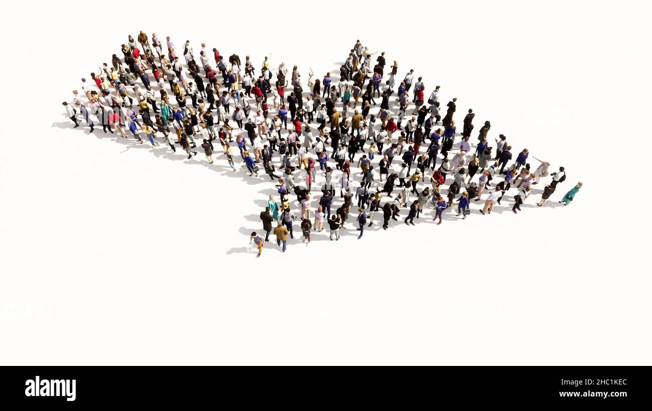 Concetto concettuale grande comunità di persone che formano il cartello stradale. 3d metafora illustrativa per navigazione, strategia, percorso, guida e scelta Foto Stock