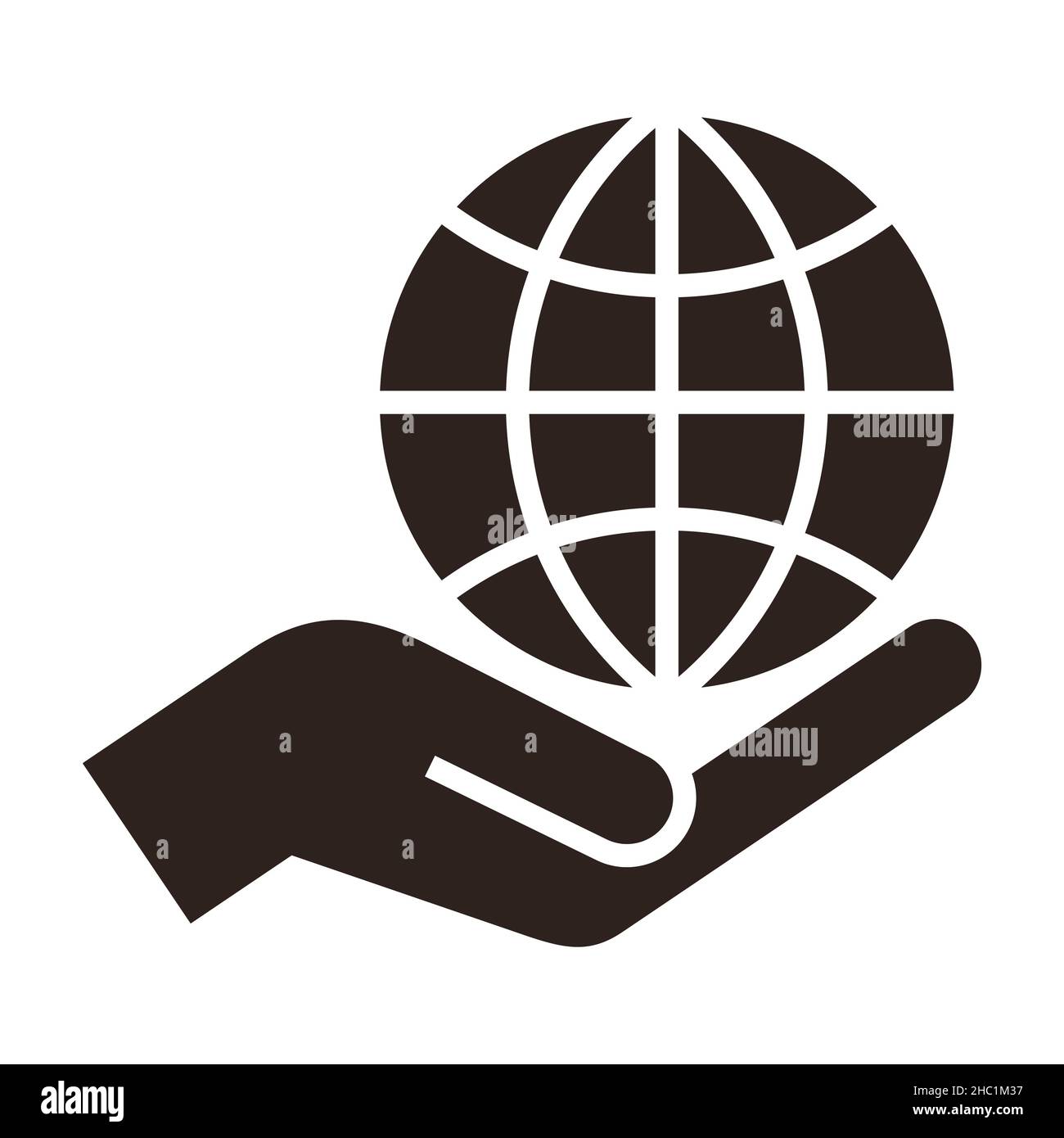 Icona del globo in mano. Simbolo per salvare terra isolato su sfondo bianco Foto Stock