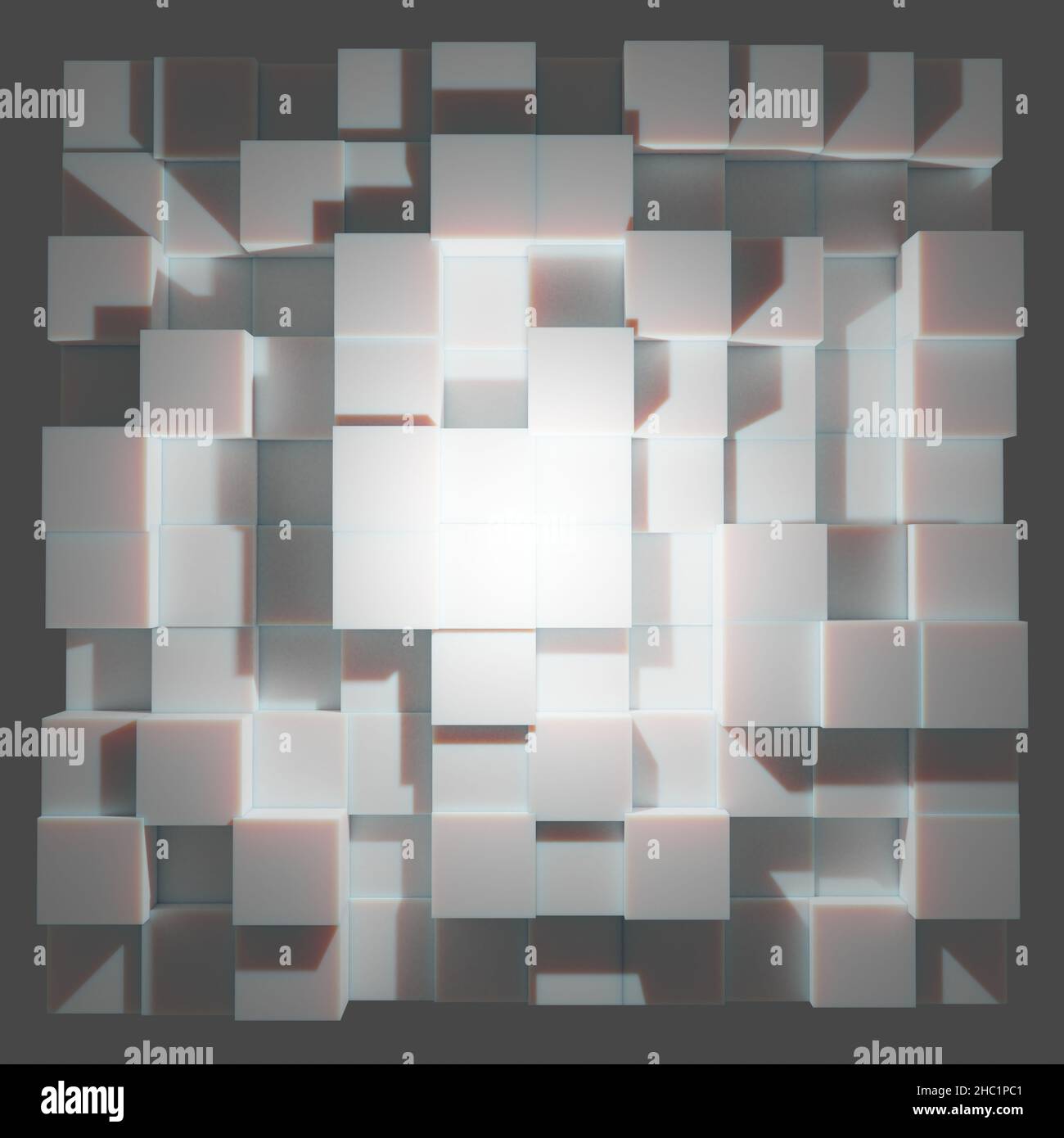 Futuristico rendering ad alta risoluzione 3D di blocchi bianchi realistici in griglia con luce e ombre dinamiche. Perfetto per lo sfondo Foto Stock