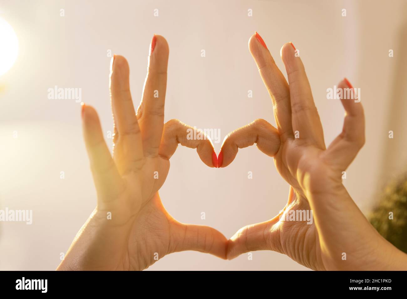 Vista ritagliata della donna che mostra il segno a forma di cuore con le dita Foto Stock