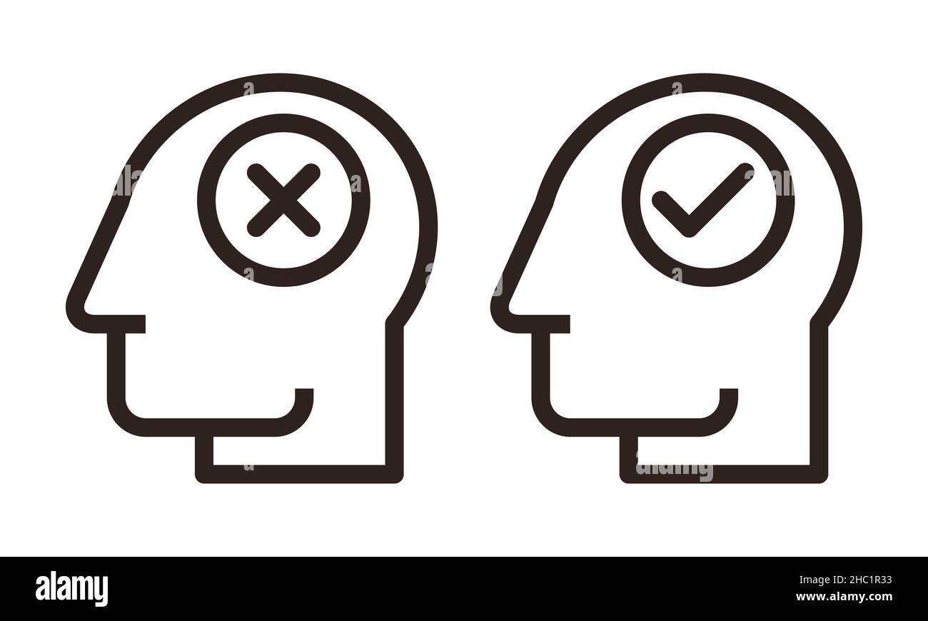 Testa umana con pulsante di controllo e annullamento. simbolo sì e No. Concetto di persone accettate e respinte, approvate e disapprovate Foto Stock