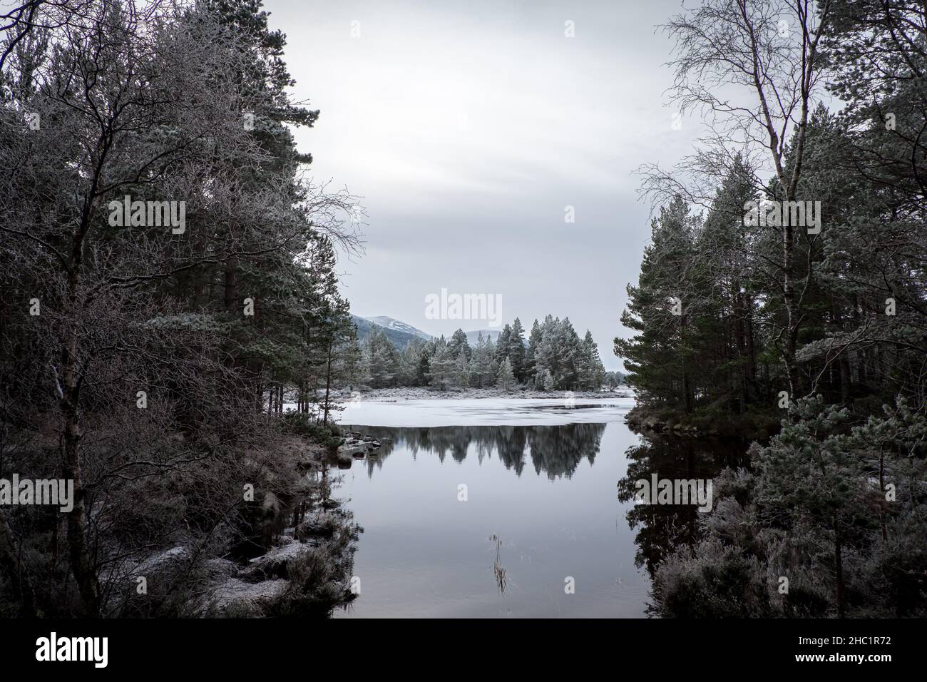 Ghiaccio e riflessioni su Loch an Eilein, Highlands scozzesi Foto Stock