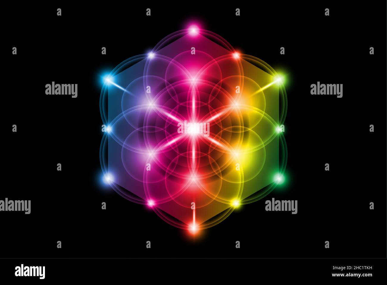 Seme di vita, geometria Sacra, Fiore di vita, Metatroni Cubo colorato gradiente luce logo simbolo di armonia e equilibrio, segno geometrico incandescente Illustrazione Vettoriale