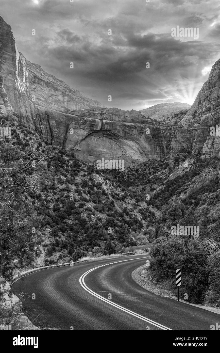 Strada panoramica nel Parco Nazionale di Zion durante il tramonto, USA Foto Stock