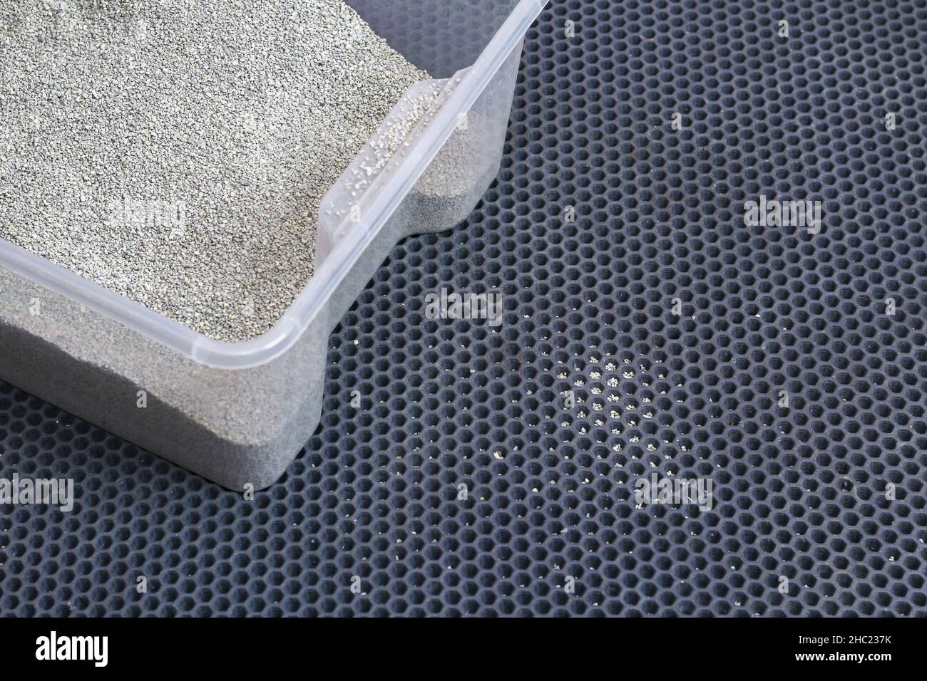 Una lettiera con lettiera che si aggrappa è posizionata su un tappeto EVA a nido d'ape. Piccole particelle di riempitivo dai piedi rimangono nelle cellule. Ordine e pulizia in casa. Foto Stock
