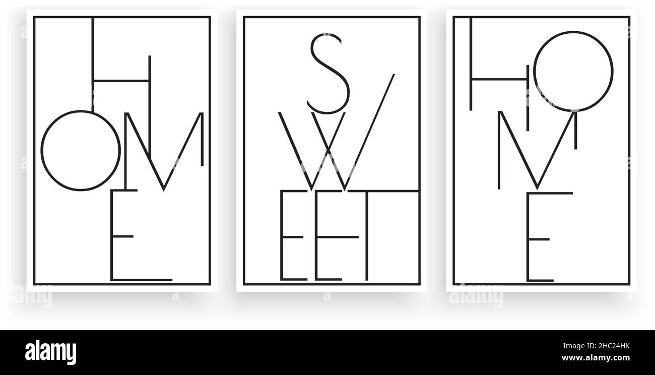 Casa dolce casa, vettore. Design minimalista in tre pezzi. Opere d'arte della parete scandinave, decorazioni delle pareti. Design di testo isolato su bianco Illustrazione Vettoriale