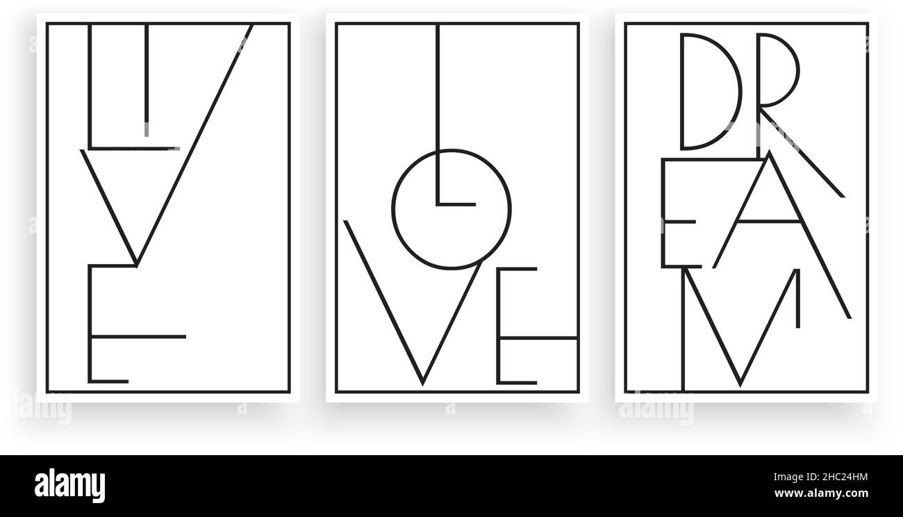 Vivere amore sogno, vettore. Design minimalista in tre pezzi. Opere d'arte della parete scandinave, decorazioni delle pareti. Design di testo isolato su fondo bianco Illustrazione Vettoriale