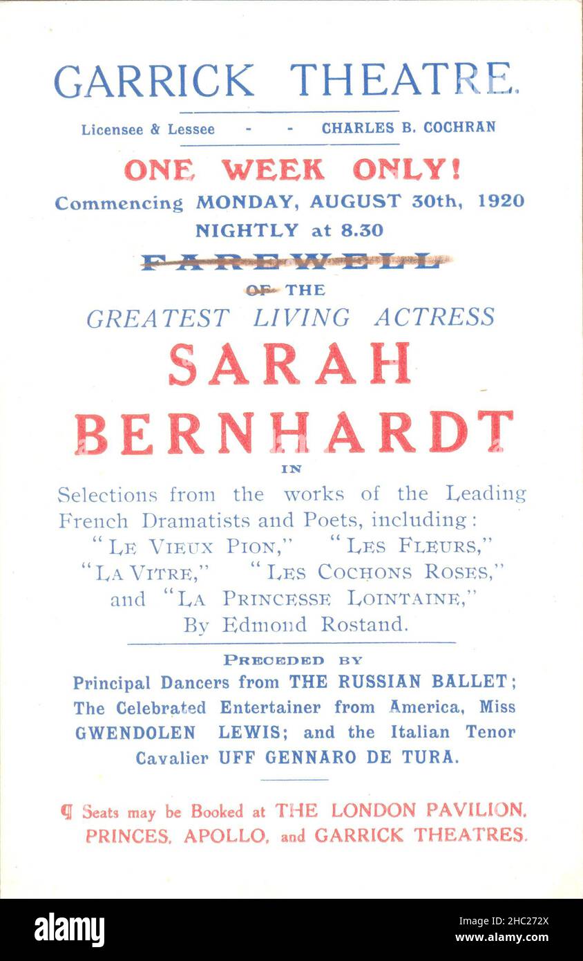 Spettacolo di poster pubblicitari di Sarah Bernhardt al Garrick Theatre di Londra nell'agosto 1920 Foto Stock