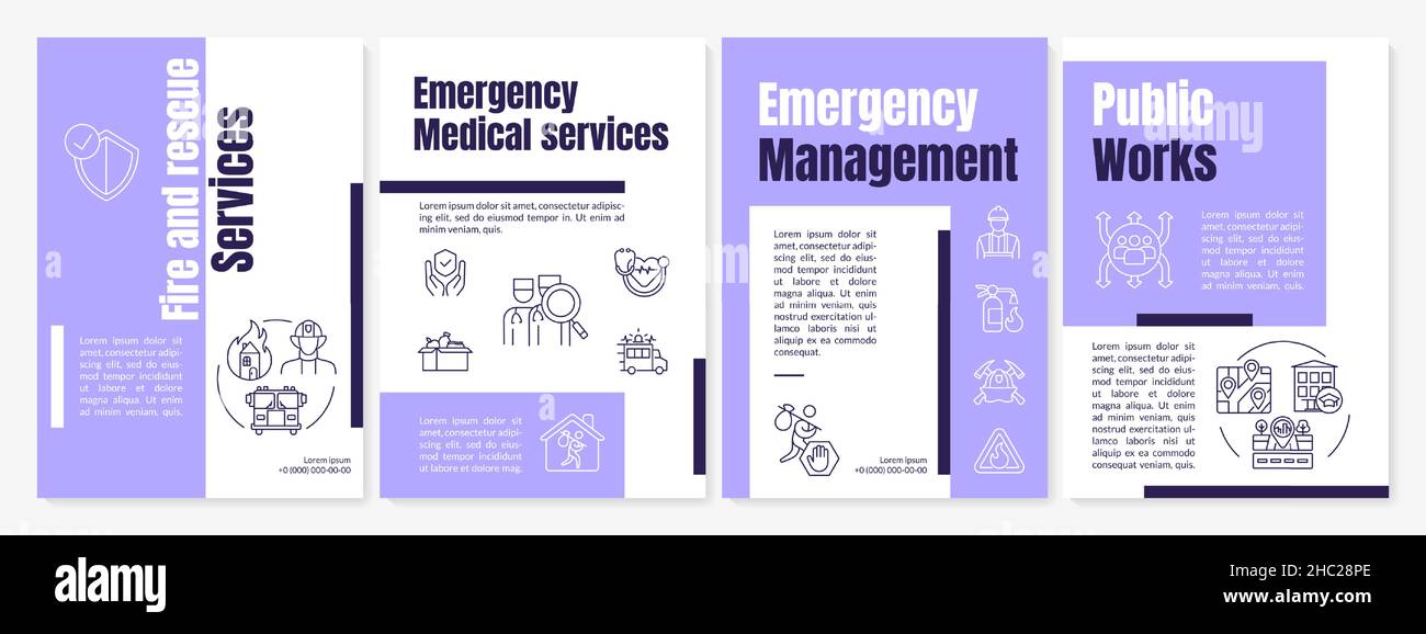 Modello di brochure viola per i servizi di emergenza Illustrazione Vettoriale