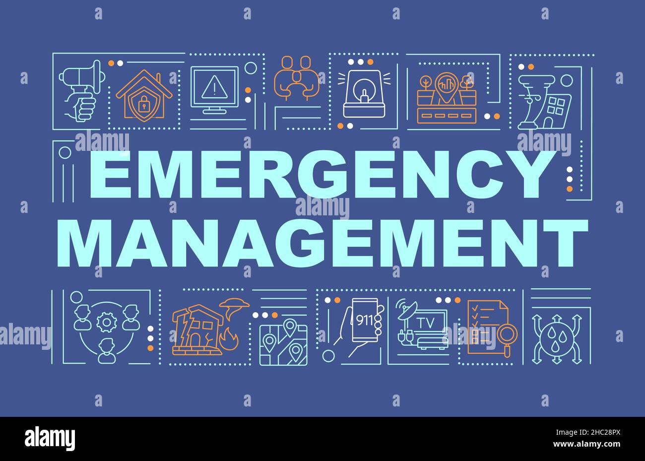 Concetti di gestione delle emergenze parola banner navy Illustrazione Vettoriale