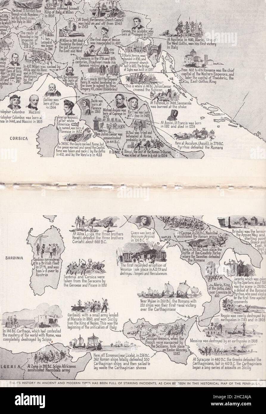 Vintage Picture map di grandi eventi e uomini famosi nella emozionante storia italiana 1930s. Foto Stock