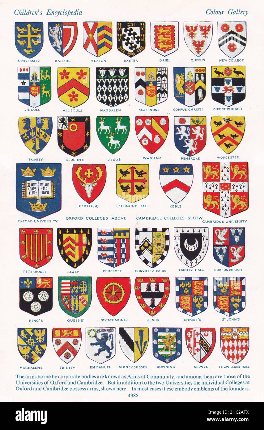 Vintage Illustrations of 'A Pageant of Heraldry' - Una galleria di colori di stemmi. Armi di Comunità. Foto Stock