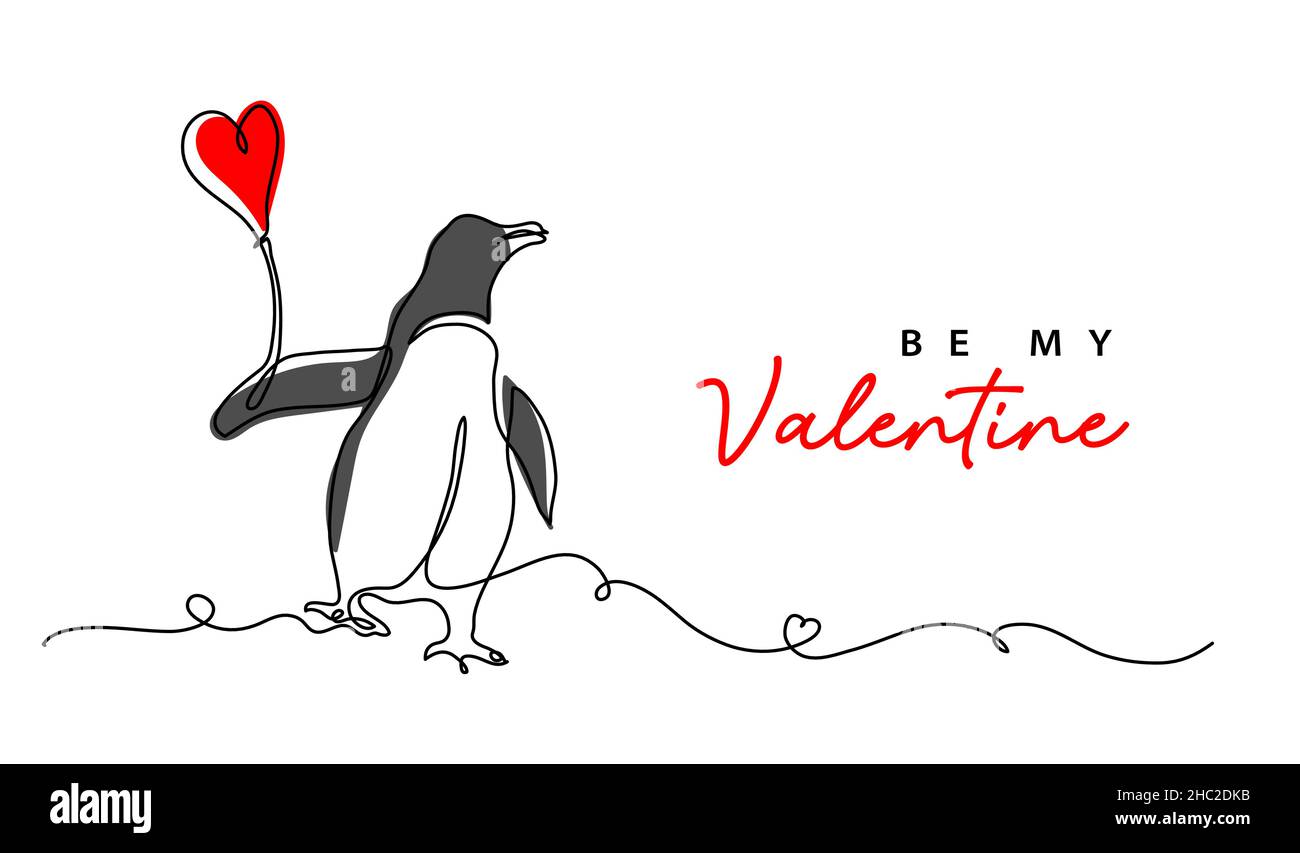 Sia il mio disegno minimo di biglietto di auguri vettoriale di San Valentino con pinguino e palloncino di cuore rosso. Un disegno, sfondo, banner, poster a linee continue Illustrazione Vettoriale