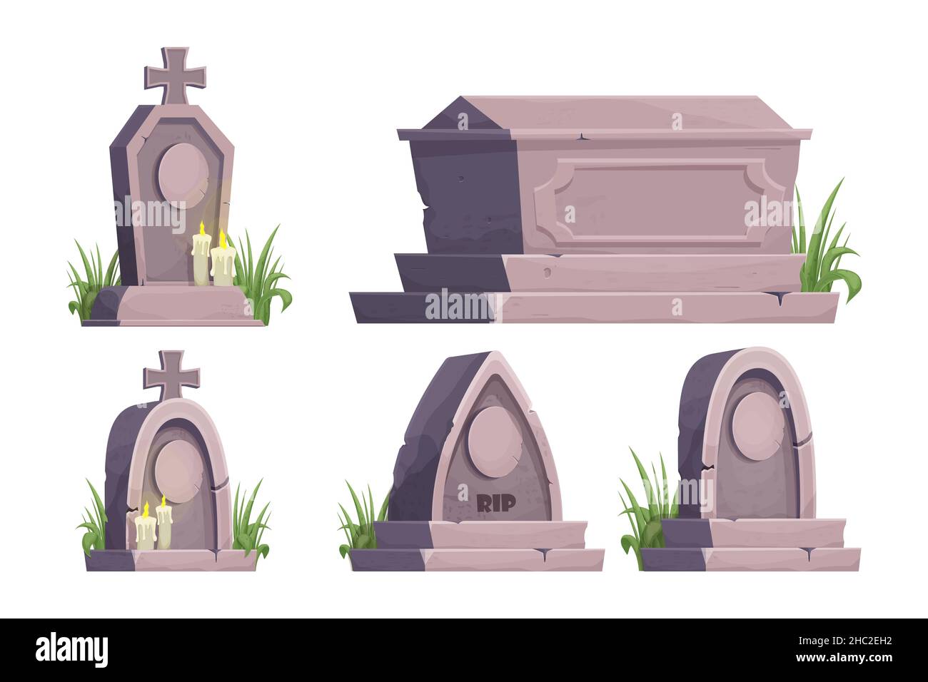 Set tomba di pietra, monumento in stile cartone animato isolato su sfondo bianco. Funerale, oggetto cimitero. Monumento afterlife. Illustrazione vettoriale Illustrazione Vettoriale