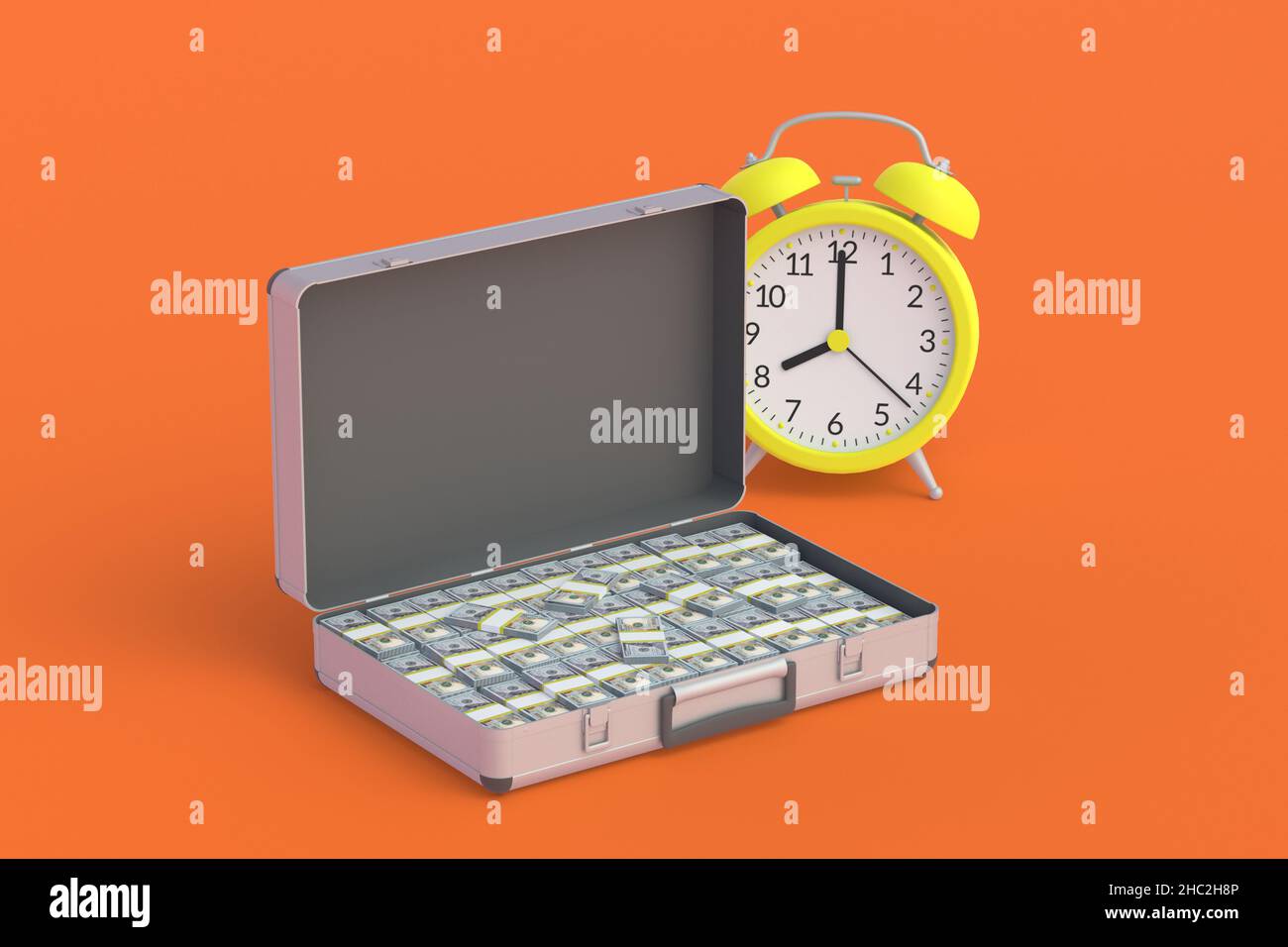 Valigia piena di banconote vicino alla sveglia. Tempo di pagare stipendi, pensioni, assistenza sociale. Il tasso di rendimento degli investimenti. Tempo e denaro. 3d giri Foto Stock