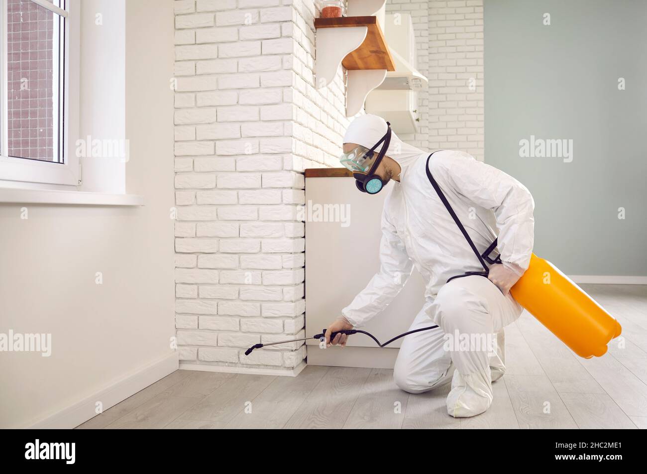 Il lavoratore di controllo di peste in tuta protettiva che spruzza insetticida di scarafaggio nella cucina Foto Stock
