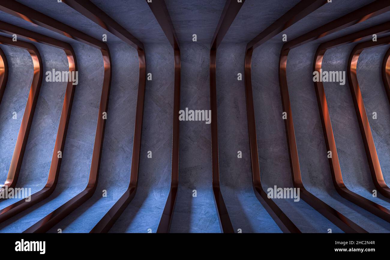 interni in cemento con archi in rame metallico. 3d rendering. Foto Stock