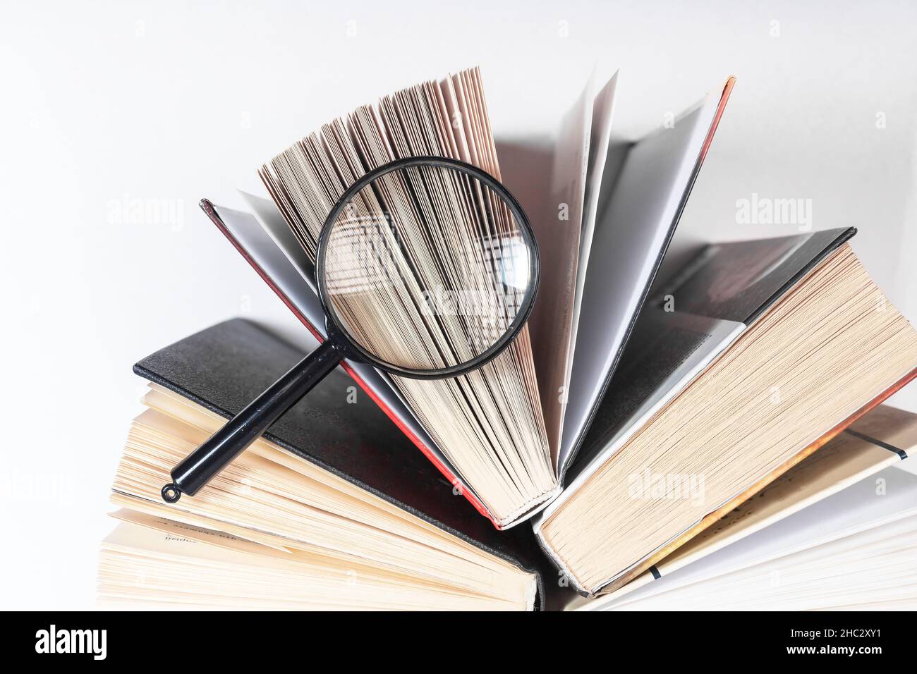 Lente d'ingrandimento sopra il libro di carta aperto con le pagine. Concetto di ricerca accademica, ricerca e studio. Foto Stock