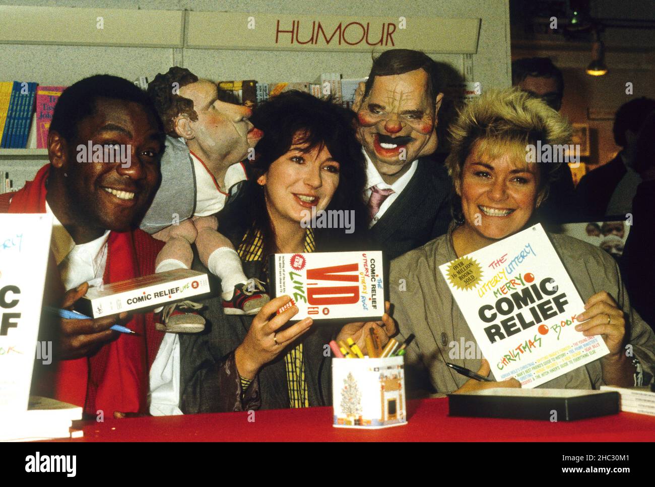 Lenny Henry, Kate Bush e Dawn francese lancio del fumetto Relief libro 1986 Foto Stock