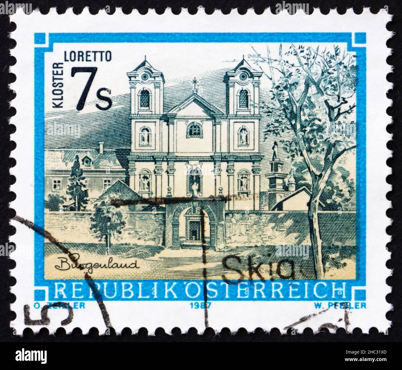 AUSTRIA - CIRCA 1987: Un francobollo stampato in Austria mostra il Monastero di Loretto, Burgenland, circa 1987 Foto Stock