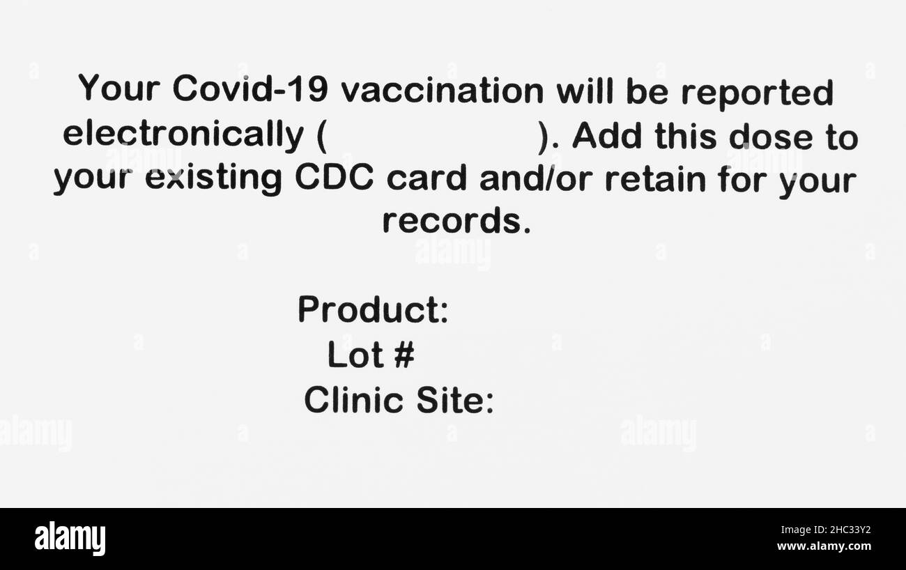 Scheda di registrazione della vaccinazione in bianco supplementare Covid 19 per booster o shot aggiuntivi Foto Stock