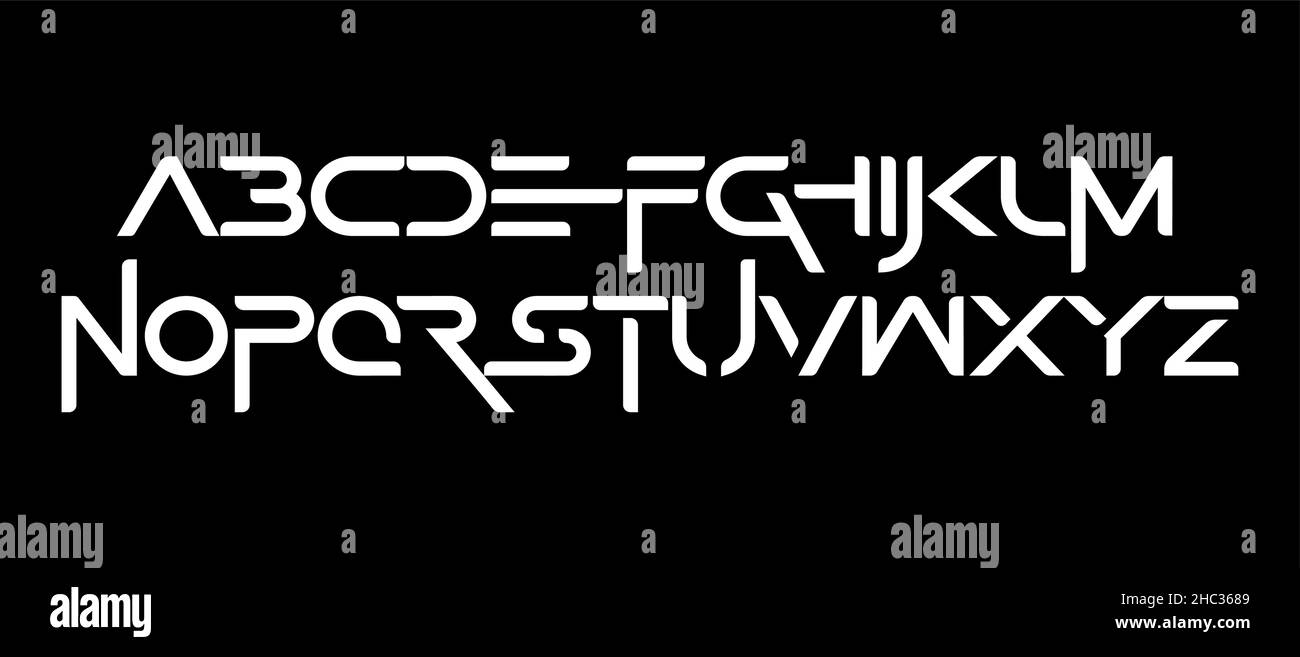 Carattere cinematografico moderno con ritagli all'interno delle lettere e simboli allungati alternati. Alfabeto futuristico in stile coreano alla moda. Lettere insolite Illustrazione Vettoriale