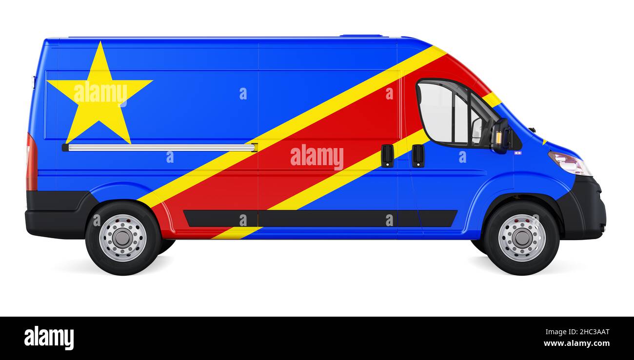 Bandiera della Repubblica Democratica Congolese dipinta su furgone di consegna commerciale. Consegna trasporto nella Repubblica Democratica del Congo, Concept. 3D rendering iso Foto Stock