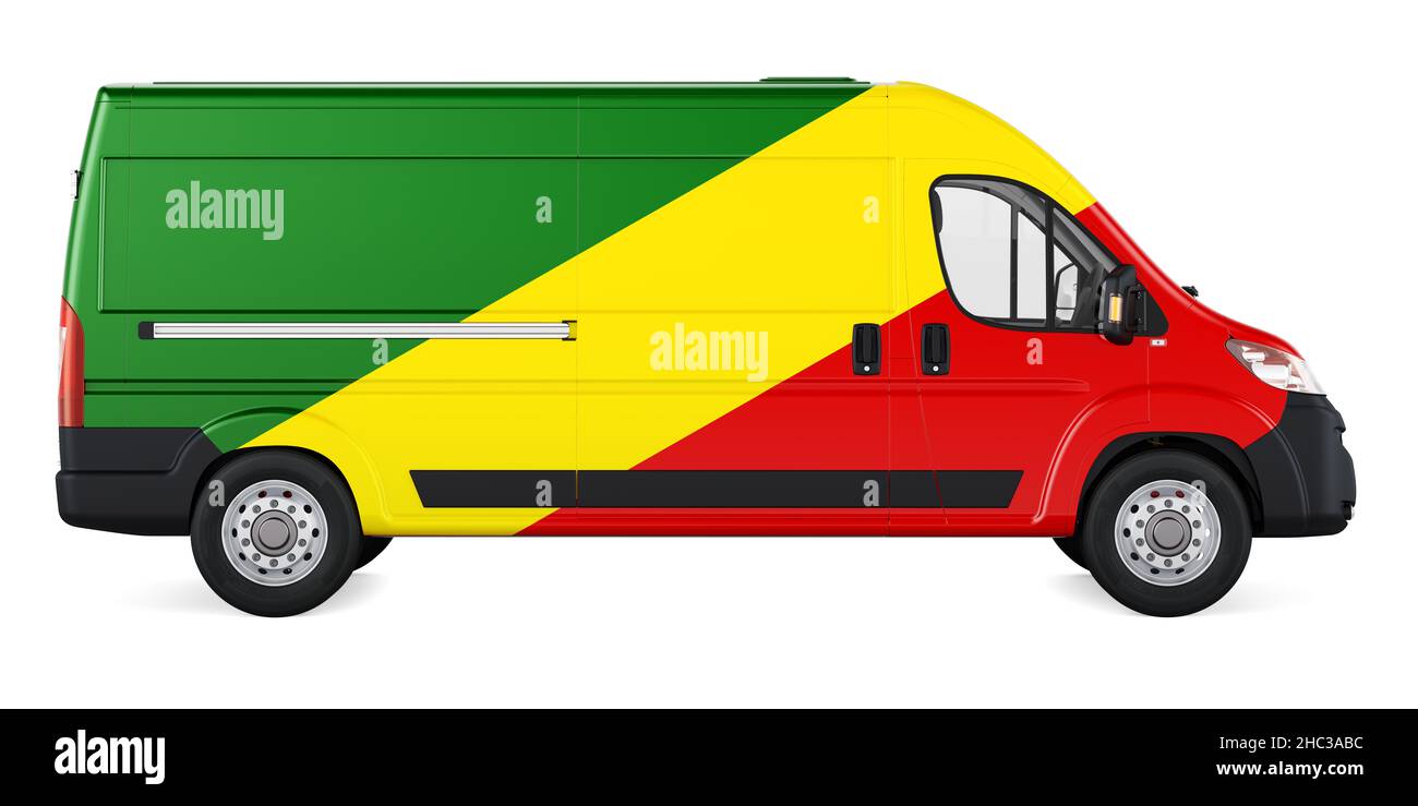 Bandiera congolese dipinta su furgone di consegna commerciale. Consegna di merci in Congo, Concept. 3D rendering isolato su sfondo bianco Foto Stock