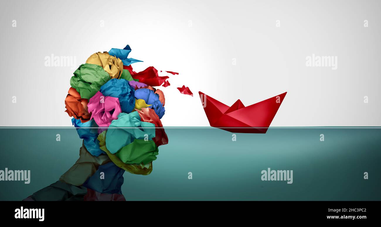 Soluzioni di metafora visiva e idee innovative con un concetto di mente creativa del progettista o un'idea di brainstorm con il disegno intelligente come testa umana della carta. Foto Stock