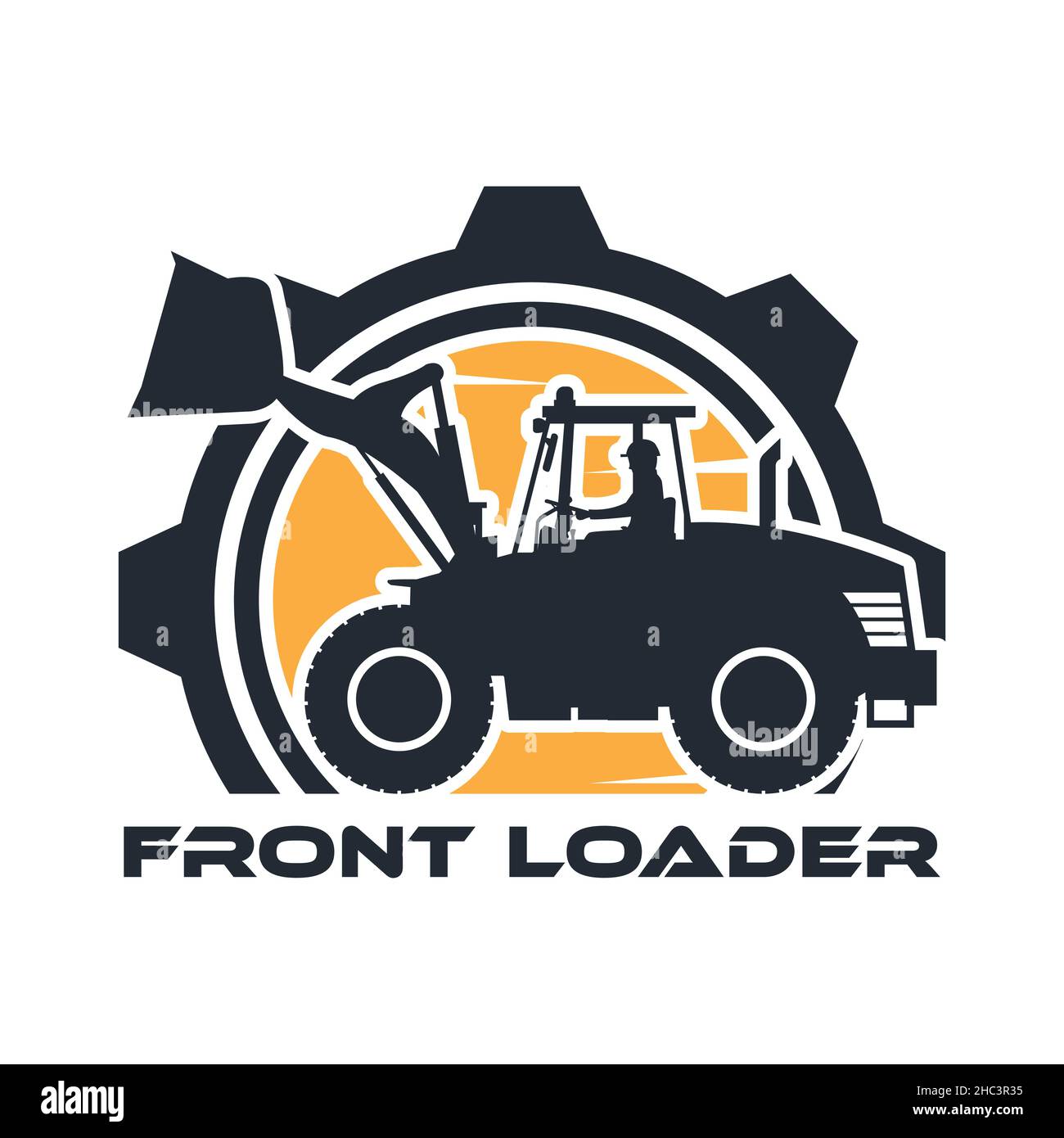 Logo della silhouette di macchinari pesanti con operatore che guida un caricatore frontale Illustrazione Vettoriale