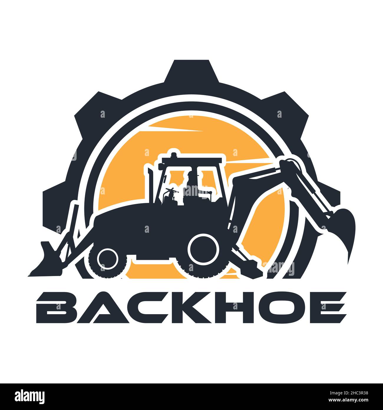 Logo di macchinari pesanti con operatore che guida un retroescavatore con un ingranaggio sullo sfondo Illustrazione Vettoriale