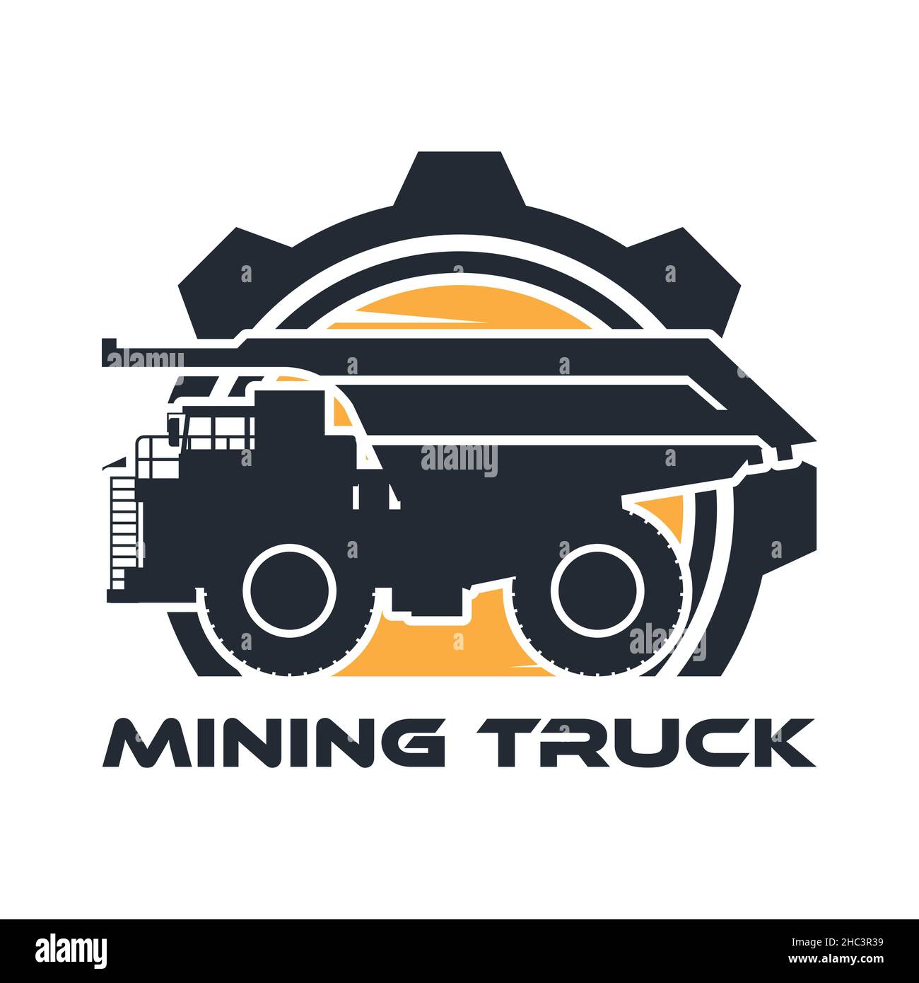 Etichetta per macchinari pesanti con silhouette di dumper da miniera e attrezzatura per sole brillante Illustrazione Vettoriale