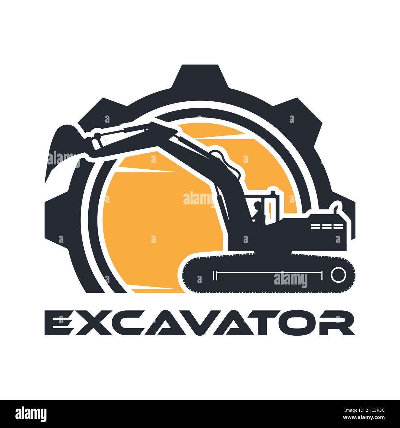 Icona macchinari pesanti con escavatore cingolato e ombre di lavoro dell'operatore Illustrazione Vettoriale
